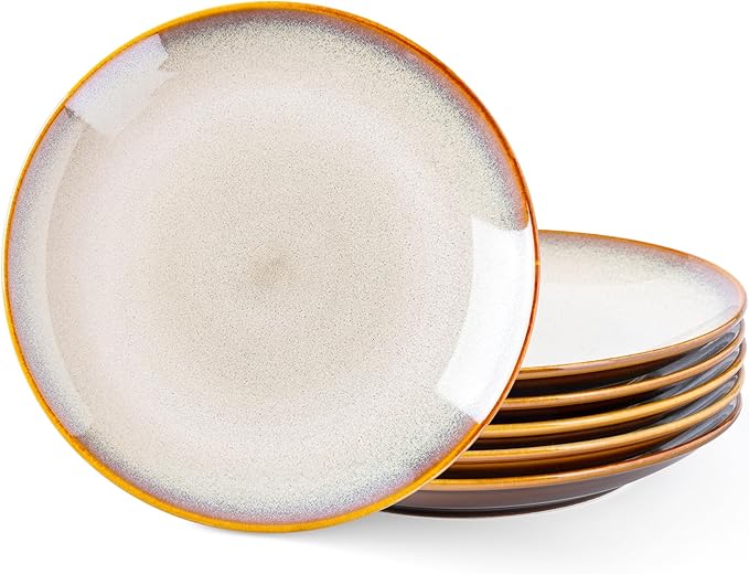 LERATIO Ceramic Dinner Plates Set of 6, 10.5 Inch Handmade Reactive Glaze Porcelain Plates, Coupe Shape Dinnerware Dishes Set for Kitchen,Oven& Microwave & Dishwasher Safe, Scratch Resistant-Kakhi