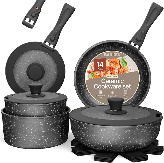 Pots & Pans Set Non Stick Ceramic-Granite – 14-Piece Cookware with Detachable Handles, Stackable Space-Saving, Dishwasher Safe, Oven & All-Stove Safe, Tempered Glass Lids, Black Granite