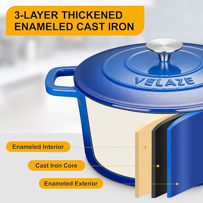 Velaze 6 QT Enameled Dutch Oven Pot with Lid, Cast Iron Dutch Oven with Dual Handles for Sourdough Bread Baking, Cooking, Non-stick Enamel Coated Cookware (Blue)