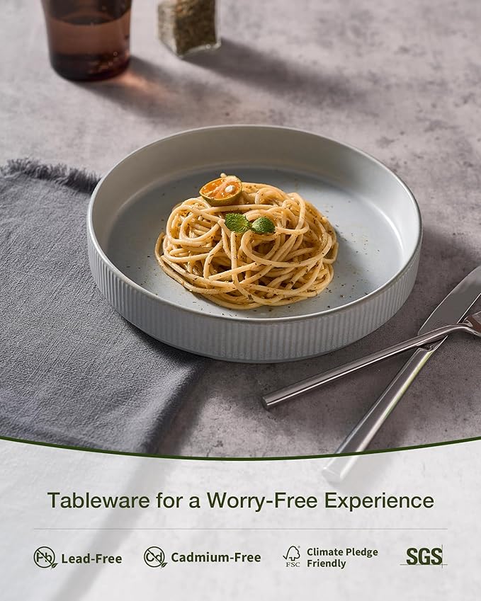 famiware Star 7.5" Pasta Bowls Set, Salad Bowl Set of 6, Double Reactive Glaze, Stackable, Perfect for Your Friend for Housewarming, Thanksgiving, Christmas, Light Gray