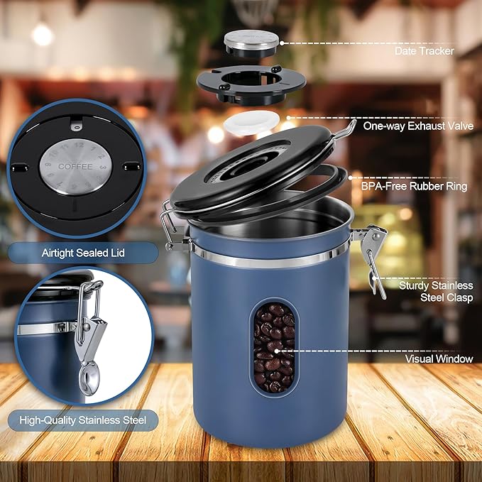 1800ML Airtight Coffee Canister with Date Tracker&Transparent Window, 22.8OZ Coffe Beans Storage with 30ML Measure Spoon&4 co2 Valve, Coffee Container for Grounds Coffee, Beans, Tea, Sugar&Flour(Blue)