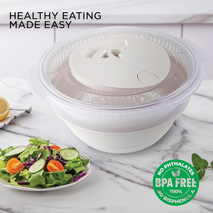 COOK WITH COLOR Collapsible Salad Spinner - 4 QT Space Saving Lettuce Dryer with Folding Collapsible Colander Great for Washing and Drying Fruit and Vegetables (White)