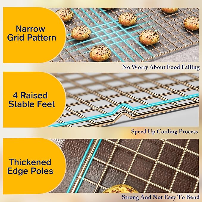 2-Pack Cooling Racks for Cooking and Baking - 10" x 15"Heavy Duty Stainless Steel Wire Rack for Baking, Grilling, Roasting - Oven & Dishwasher Safe - Fits Jelly Roll Sheet Pan(Gold)