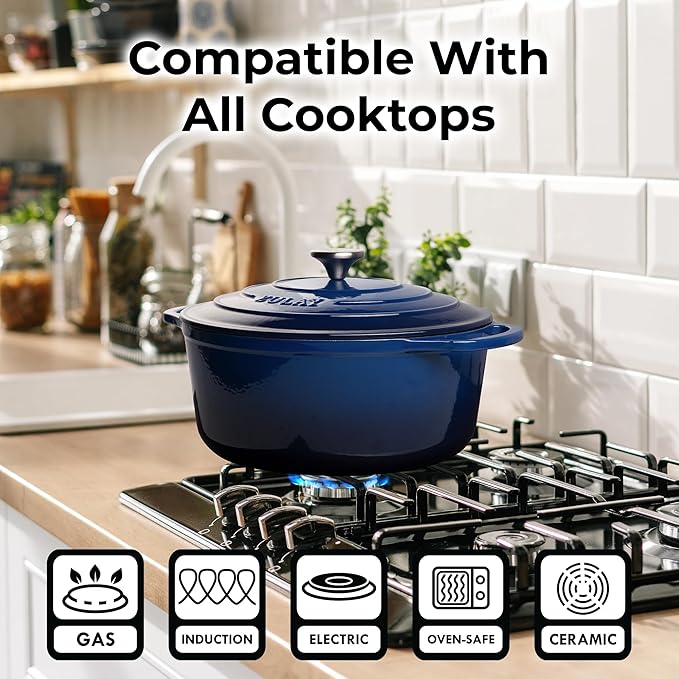 Zulay Kitchen 7.7 Quart Enameled Cast Iron Dutch Oven with Lid, Silicone Trivet & Heat Pad – Premium Durability & Oven Safe up to 500°F – Heavy Duty Cookware Perfect for Bread Baking, Stews, Braising & Roasting – Blue