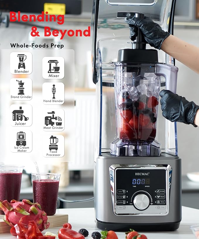 HECMAC 3-Peak HP Professional Blender, Max.2200W High Power, 85oz Large Capacity, Self-Cleaning, 6 Pre-Set Programs, Soundproof Cover - for Smoothies, Ice Crushing, Food Prep, Home & Commercial Use