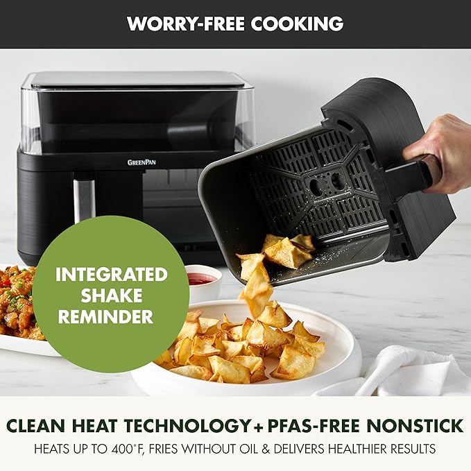 GreenPan Clearview 10QT Double Air Fryer, 360° Clear Window, PFAS-Free Ceramic Nonstick 5QT Drawers & Trays, Dual Cooking, 12-Presets, Shake Reminder, Keep Warm, Dishwasher Safe Parts