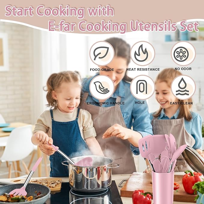 E-far Silicone Cooking Utensils Set, 14-Piece Pink Kitchen Utensils Set with Holder, Kitchen Tools Spatulas with Stainless Steel Handle for Non-stick Cookware, Heat Resistant & Dishwasher safe