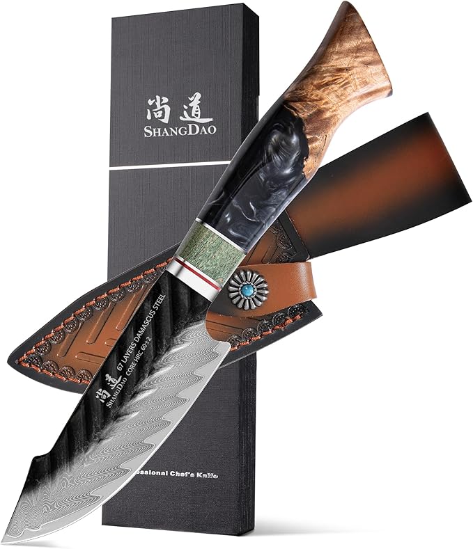 SHANGDAO Damascus Utility Knife 4.8 Inch Fruit Knife with Leather Sheath 67 Layers Alloy Steel Peeling Cutter - Hand Forged Resin & Wood Handle QILIN Series