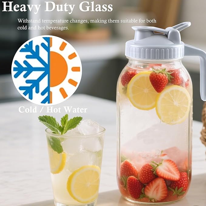 Glass Mason Jar Pitcher With Lid 64 Oz Wide Mouth Sun Tea Jar Half Gallon Cold Hot Water Pitcher 2 Quart Brew Coffee Jug Carafe For Fridge,Lemonade, Beverage,Milk,Juice Container 2 Set