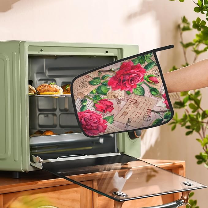 2 Pack Vintage Red Roses Pot Holders for Kitchen Heat Resistant, Potholders for Kitchens Washable for Cooking & Baking & Microwave