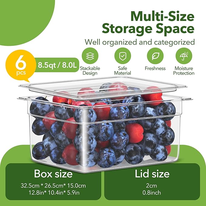 6 Pack Plastic Food Pan with Lid 1/2 Size 6 Inch Deep Restaurant Clear Food Storage Containers Polycarbonate Commercial Hotel Pans for Fruits Vegetables Beans Corns (6 PCS, 6'' Deep)