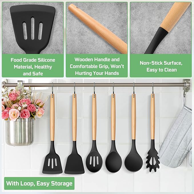 TeamFar Silicone Cooking Utensils Set of 6, Kitchen Utensils with Wooden Handles, Slotted Turner, Soup Ladle, Spoon for Non-stick Cookware, Heat-Proof, Non-Scratch, Black