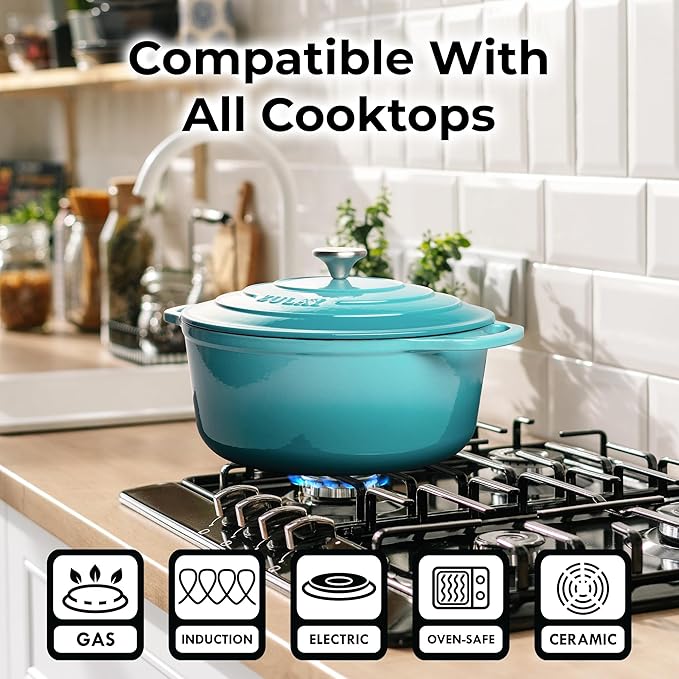 Zulay Kitchen 7.7 Quart Enameled Cast Iron Dutch Oven with Lid, Silicone Trivet & Heat Pad – Premium Durability & Oven Safe up to 500°F – Heavy Duty Cookware Perfect for Bread Baking, Stews, Braising & Roasting – Light Blue