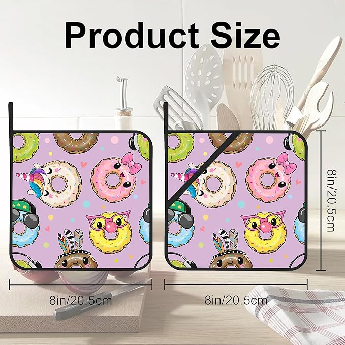 Cute Cartoon Donut Pot Holders Set of 2 - Heat Resistant Oven Hot Pads for Cooking, Baking, BBQ Gifts for Women