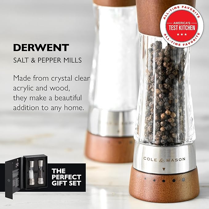 Cole & Mason Derwent Grinder Set - Precision Mechanisms and Sea Salt and Peppercorns Mills- Derwent Salt and Pepper, Forest Wood