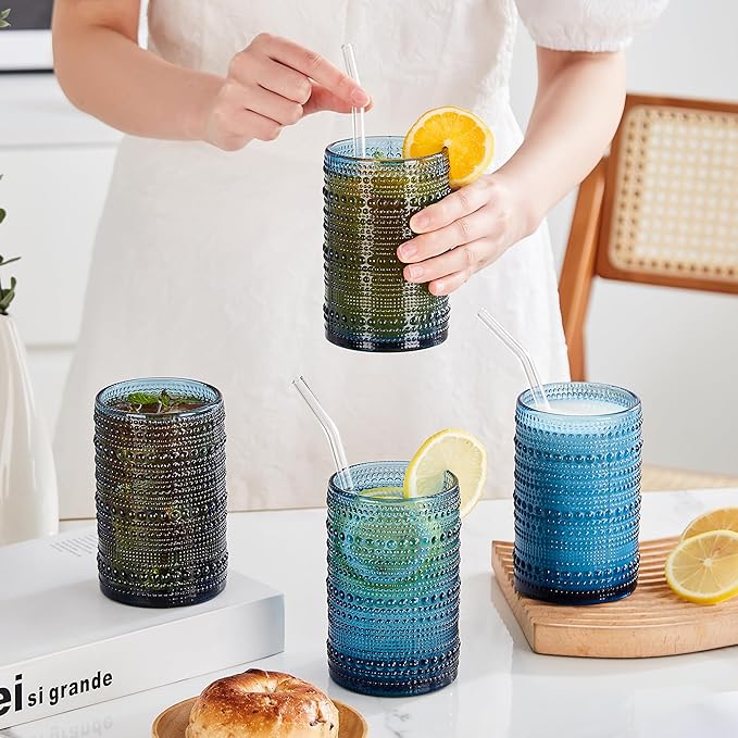 15 oz Blue Hobnail Drinking Glasses with Straws Set of 6, Vintage Glassware Old Fashioned Beverage Glasses, Cocktail Glass Set, Kitchen Water Glasses Cup, for Beer, Smoothie, Juice