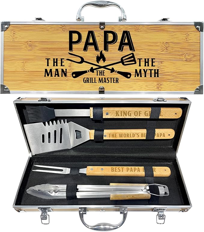 Papa Gifts from Grandkids, Gift for Papa Fathers Day Heavy Duty Wooden BBQ Grilling Accessories Kit for Backyard, Thick Stainless Steel Grill Utensils with Non-Slip Handle Tools in Portable Bag