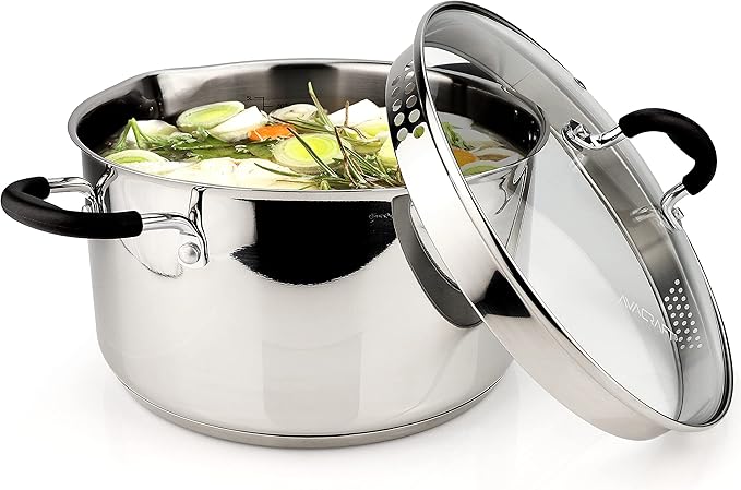 AVACRAFT Stainless Steel Stockpot with Glass Strainer Lid, 6 Quart Stock Pot, Saucepan cookware, Side Spouts, Multipurpose, Sauce, Soup, Induction Pan, (5-Ply Capsule Bottom, 6QT)