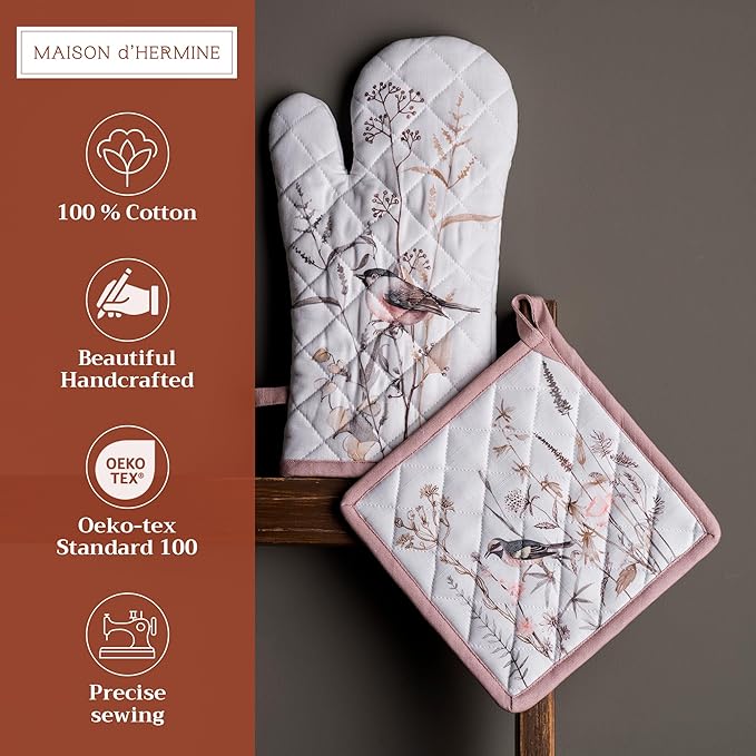 Maison d' Hermine 100% Cotton Oven Mitt & Pot Holder Set (7.5"x13" & 8"x8") Heat Resistant BBQ Cooking Gloves with Loop, Grilling, Kitchen, Handling Hot Pans Spring/Summer (Meadow Florals - Brown)