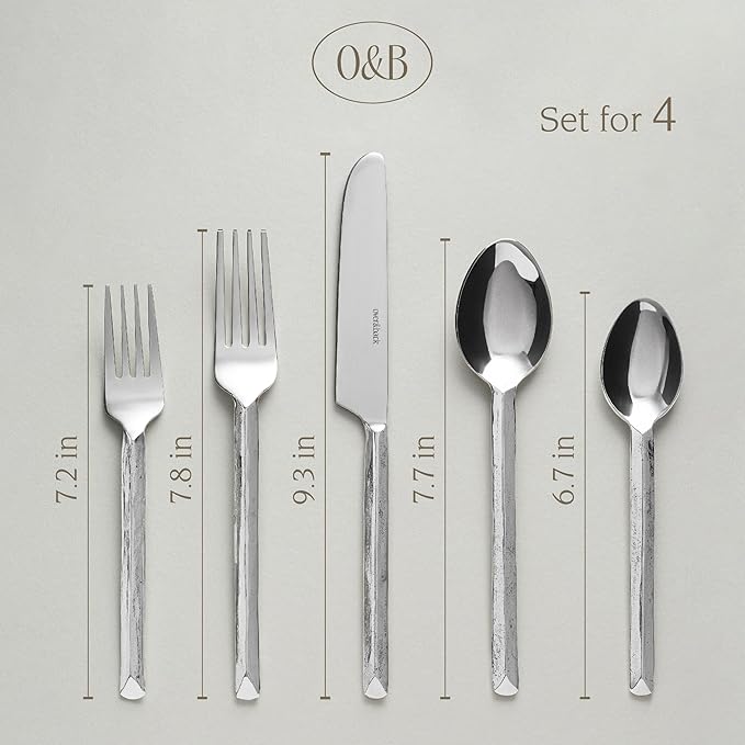 over&back 20pc Hand-Forged Flatware Cutlery Set - Comes with 4 Dinner Forks, 4 Salad Forks, 4 Dinner Knives, 4 Dinner Spoons, and 4 Teaspoons - Dishwasher-Safe - 18/8 Stainless Steel