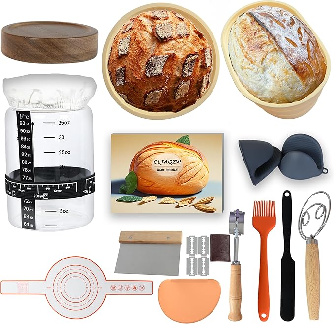 Complete Sourdough Starter Kit, Glass Sourdough Starter Jar Kit & Sourdough Bread Baking Supplies - Sourdough Starter Kit Includes Sourdough Jar, Silicone Bread Proofing Bowl & More (yellow, 10 inch)