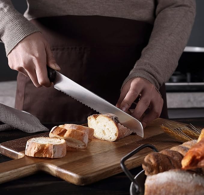 Bread Knife 8 Inch with Sheath - German High Carbon Stainless Steel, Ergonomic Grip Full Tang Wood Handle - Serrated Edge Home Kitchen Knife for Bread Tomatoes & Cake