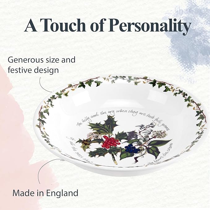Portmeirion Holly and Ivy 8-Inch Serving Bowls (Set of 4) - Holiday Earthenware for Christmas Feasts, Ideal for Pasta, Soups, Desserts - Oven, Microwave, Freezer, Dishwasher Safe - Seasonal Tableware