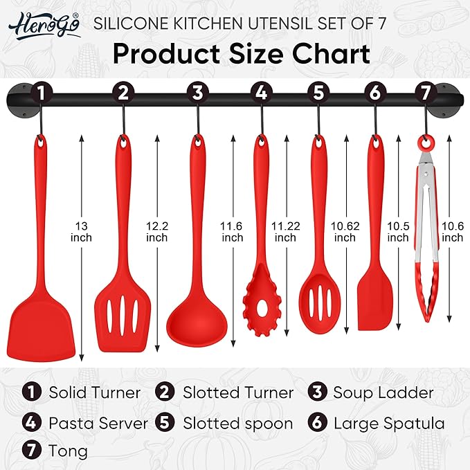 Herogo Silicone Cooking Utensils Set, 7-Piece Kitchen Utensils Set, Heat Resistant Cooking Gadget Tools Slotted Turner, Spoon, Soup Ladle, Pasta Server, Spatula, Tongs for Nonstick Cookware, Red