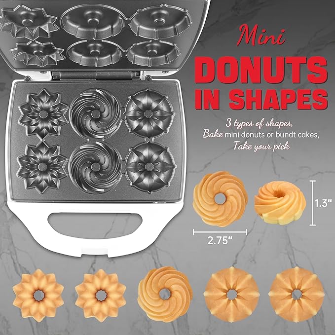 Mini Donut Maker Machine, Electric Mini Bundt Cake Pan, Bake 6 Bundt Doughnuts with 3 Shapes, Excellent for Breakfast, Snacks, Desserts & More