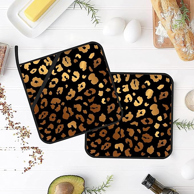 Black Gold Leopard Print Pot Holders Set of 2 Kitchen Heat Resistant Potholders for Microwave Cooking Baking Oven End Dishes and BBQ Gifts for Women