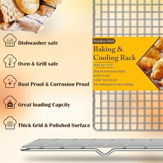 2PCS Cooling Racks for Cooking and Baking - 10" x 15"Heavy Duty Stainless Steel Wire Rack for Baking, Grilling, Roasting - Oven & Dishwasher Safe - Fits Jelly Roll Sheet Pan-Silver
