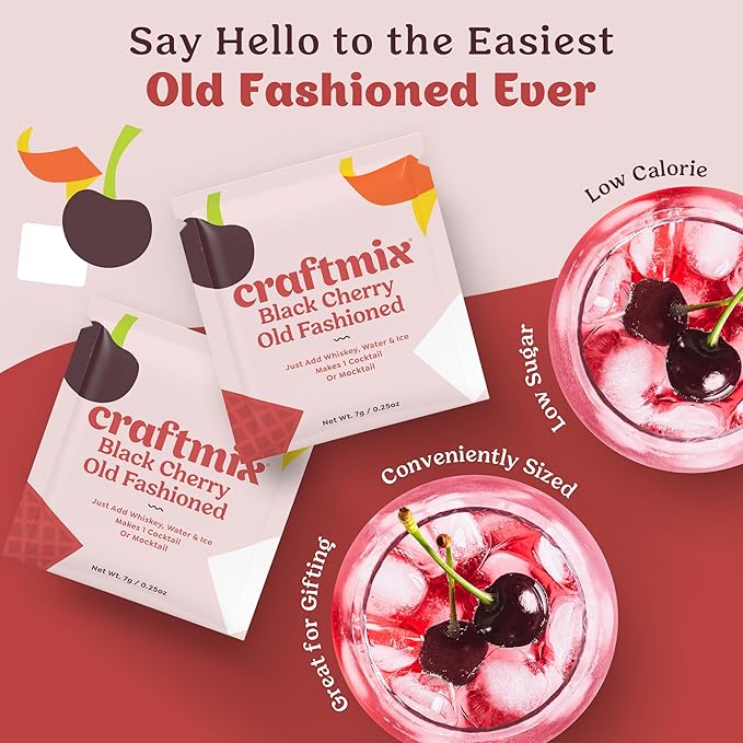 Craftmix Black Cherry Old Fashioned Mix, Makes 12 Drinks, Bourbon and Whiskey Cocktail Mixer, Instant Skinny Cocktail and Mocktail Mix - With Real Fruit - Vegan Low Carb, Low Sugar, Non-GMO