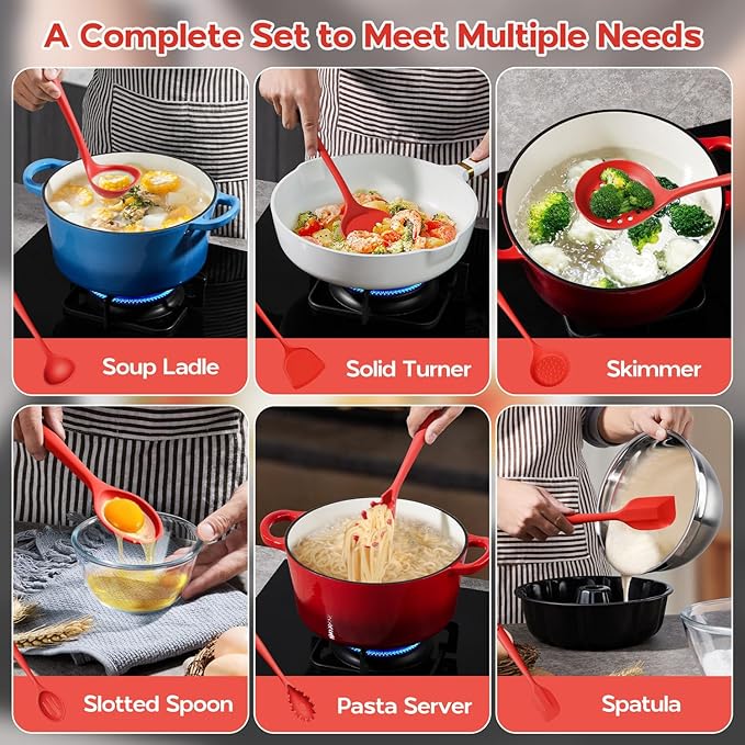 Silicone Cooking Utensils Set, Onader Red Kitchen Utensils 6 Pcs Set, Heat Resistant Kitchen Tool Kit, Nonstick Cookware Friendly & Non Toxic