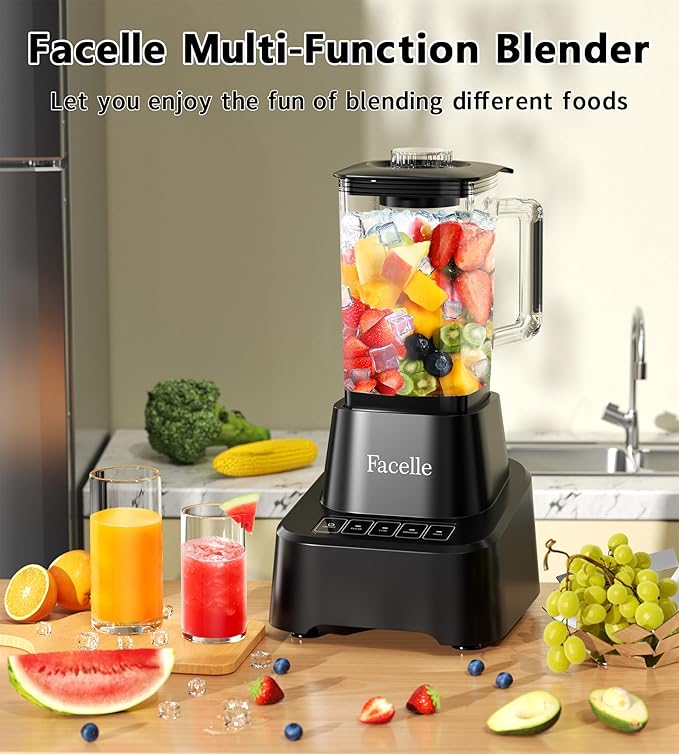 Smoothie Blender, Facelle Countertop Blender for Kitchen, 55 oz Glass blender for smoothies and Shakes, Licuadora, Smoothie maker with touchscreen 3+P Speeds, Cleaning brush & removable SS304 blade