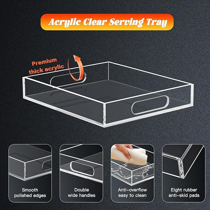 Acrylic Organizers Tray, Acrylic Tray for Ottoman, Serving Tray with Handle, Lucite Tray Organizer for Bench, Coffee Table Countertop, Kitchen, Bathroom, Living Room, Powder Room
