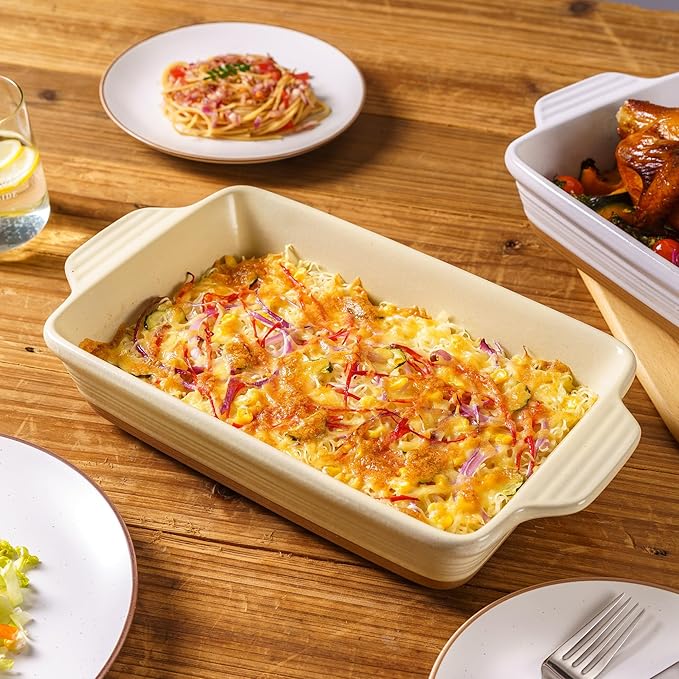 Casserole Dishes for Oven Microwave, Porcelain Baking Dishes with Handles, Rectangular Deep Lasagna Pans, Premium Ceramic Bakeware, Yellow 2.9 Qt (8.46"x14.56") Housewarming Gift