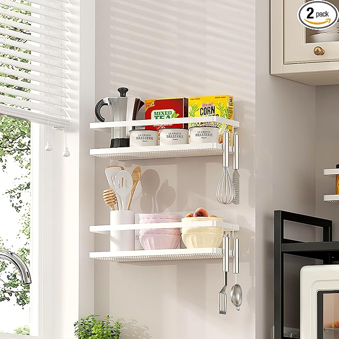 PUSDON Hanging Storage Baskets Organizer Wall Mount, Metal Wire Storage Bin Rack for Kitchen Bathroom Shower Spice Shelf Home Decor Essentials White-2 Packs (Guardrail)