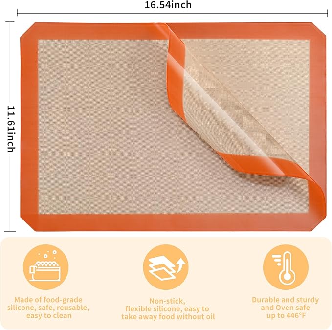 2-Pack Silicone Baking Mats – Non-Stick Reusable BPA-Free Oven Liners, 100% Food-Grade Silicone, Fit Half Sheet Pans (16.54" x 11.62") for Cookies, Pastry & More