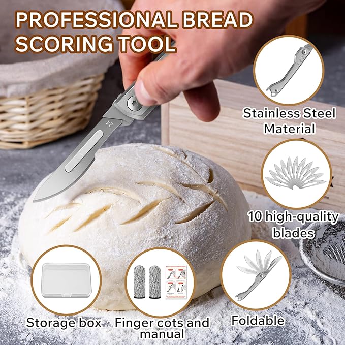Bread Lame Dough Scoring Tool – Multi-Purpose Scoring Knife, Folding Bread Scorer Tool for Sourdough & Bread Baking with 10 Bread Razor Blades (Grey)