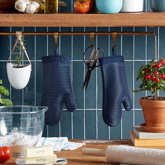 KITCHENAID Ribbed Soft Silicone Oven Mitt 2-Pack Set, 7.5"x13", Ink Blue
