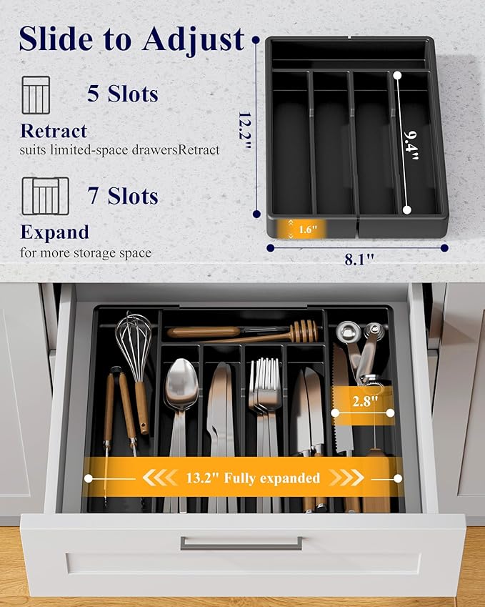 Kitsure Silverware Organizer for Drawers - Expandable Cutlery and Utensil Drawer Organizer with Easy Maintenance, Premium PP Kitchen Organizers and Storage for Flatware, Black, 13.2" x 12.2" x 1.6"