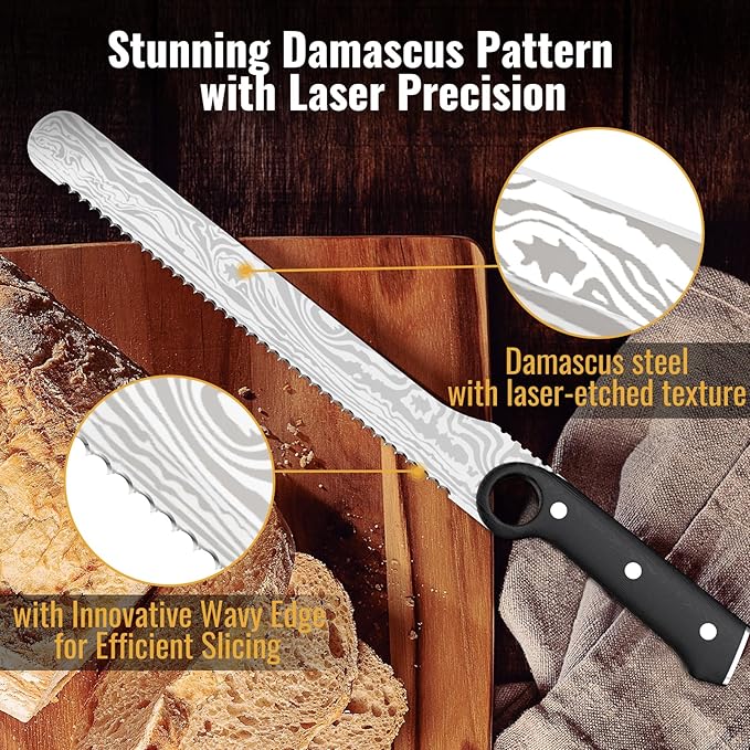 10-Inch Serrated Knife with Finger Ring, 5Cr15MoV Steel Blade, Full-Tang, Pakka Wood Handle, Damascus Pattern – Ideal for Bread, Fruits, and Vegetables