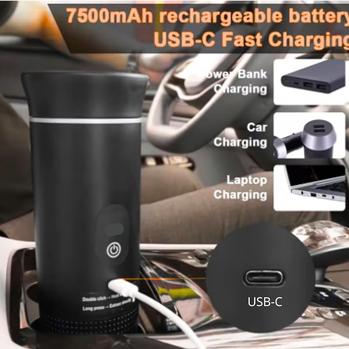 Portable Espresso Maker – Self-Heating USB-C Rechargeable Travel Coffee Maker for Car, Camping, Office, Hiking, portable coffee maker With Ground Coffee & NS Capsule (Black)