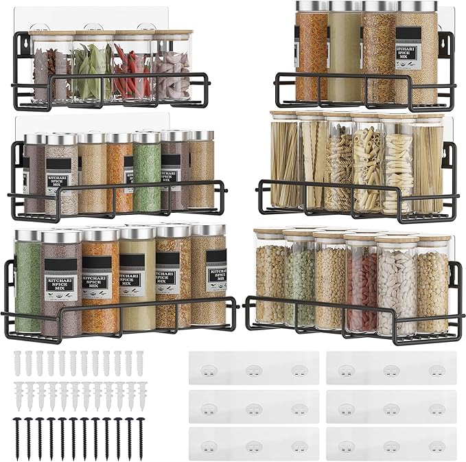 6 Pack Wall Mount Spice Rack Organizer, for Kitchen Pantry Door Storage and Organization, Heavy-Duty Metal Kitchen Spice Rack, Flexible Wall Iron Shelves with Adhesive Hook, Black
