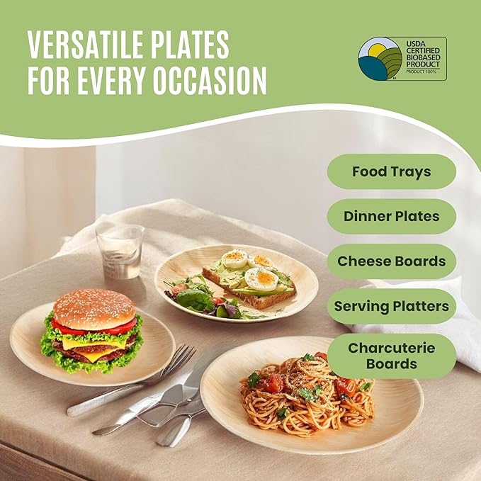Dtocs Palm Leaf Plates 10 Inch Round (50) | Bamboo Plates Disposable Like Compostable Dinnerware Set for Party, Dinner, Serving Platters, Charcuterie Boards | Alternate to Plastic, Wood, Paper Plate