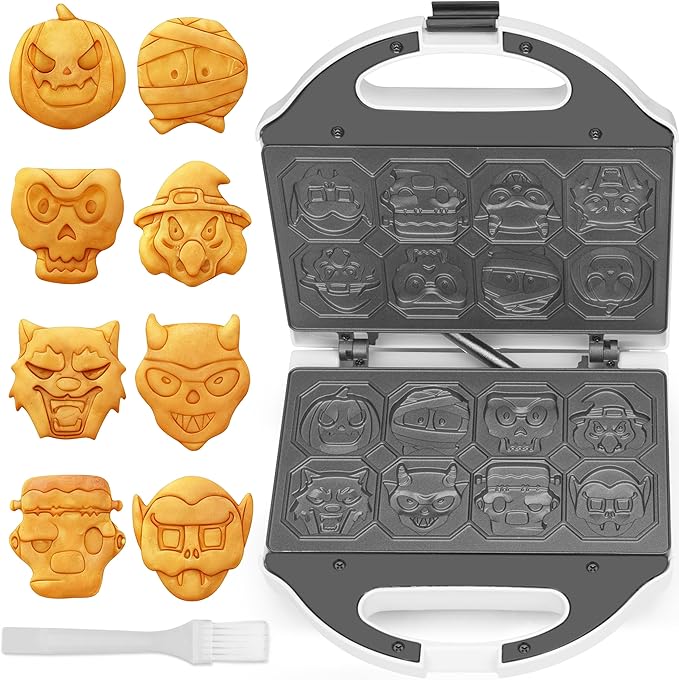 Character Waffle Maker for Halloween, 8 Different Spooky Designs, Electric Waffler Iron Featuring a Pumpkin Wolf Face Mummy Ghost Witch Vampire & More, Halloween Kitchen Decor, White