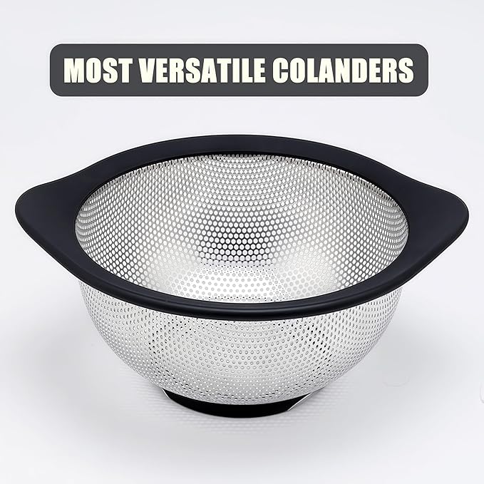 Stainless Steel Colander for Kitchen Metal Colanders & Food Strainers, Small and Large Sink Colander Set, Black Non-Slip Grip, (3 QT and 5 QT)