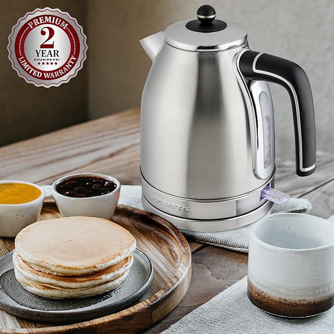 OVENTE 1.7L Electric Kettle, 1500W Fast Boiling Water Heater for Coffee or Tea with Stainless Steel BPA-Free and Cordless Body, Auto Shut-Off, Boil-Dry Protection and Removable Filter, Silver KS777S