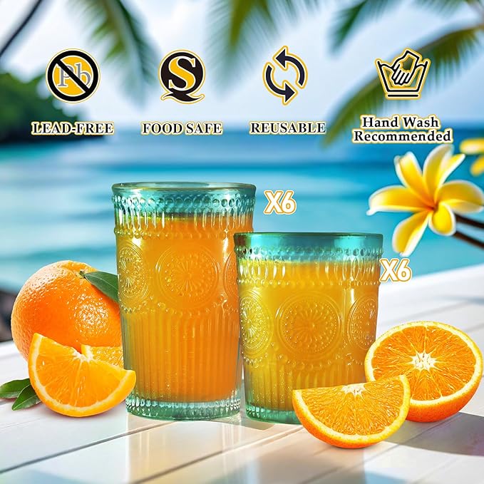 12pcs Vintage Drinking Glasses Set, 12 oz Highball Glasses & 9 oz Embossed Ribbed Glassware Cups for Cocktail, Water, Juice, Coffee, Whiskey (Atroviens)