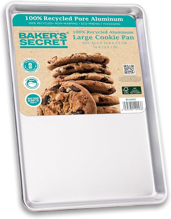 Baker's Secret 17" Pure Aluminum Cookie Sheet, 100% Recycled, Baking Sheet Cookie Sheets for Baking, 0.8mm Extra Thick Baking Pan, Commercial Grade, The Natural Aluminum Collection